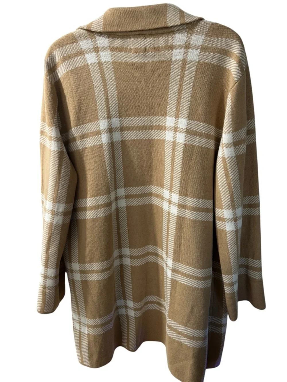 Anne Klein Camel & White Plaid Cardigan Coat - Picture 2 of 5